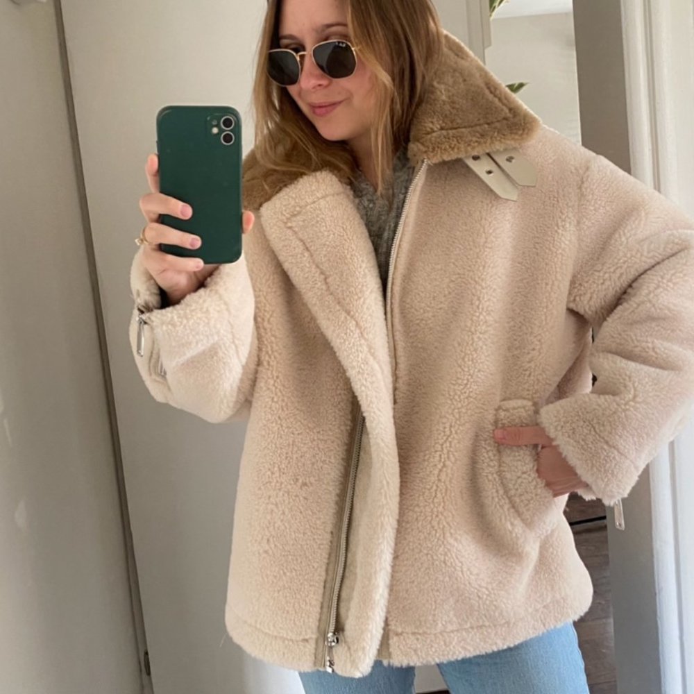Mango Faux Shearling Fur Jacket Ecru New